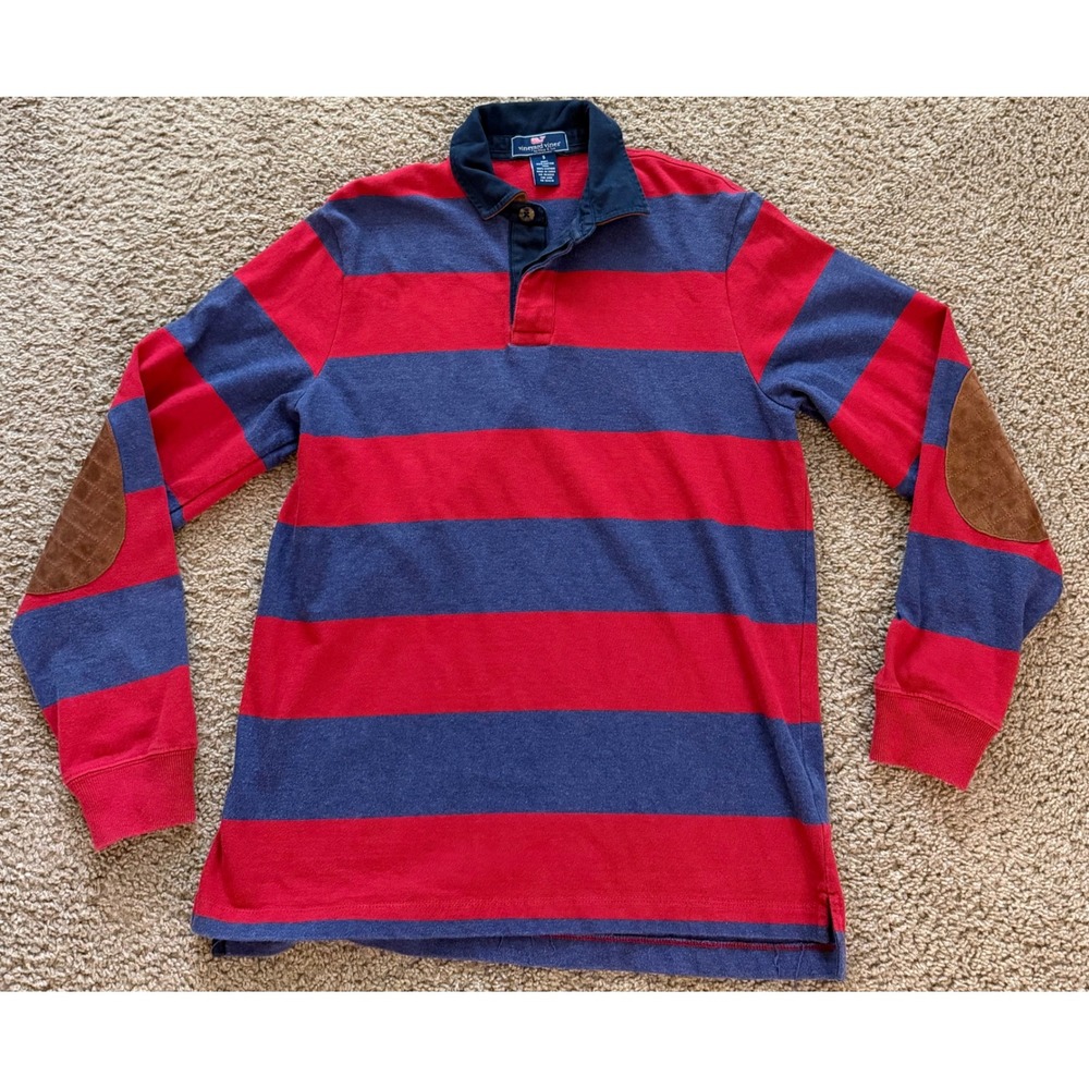 Vineyard Vines Mens Rugby Shirt Small Red Blue Striped Leather Elbow Patch LS